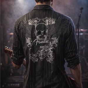 Fender Men’s Striped Rock & Roll Skull Black Striped Button Down Shirt